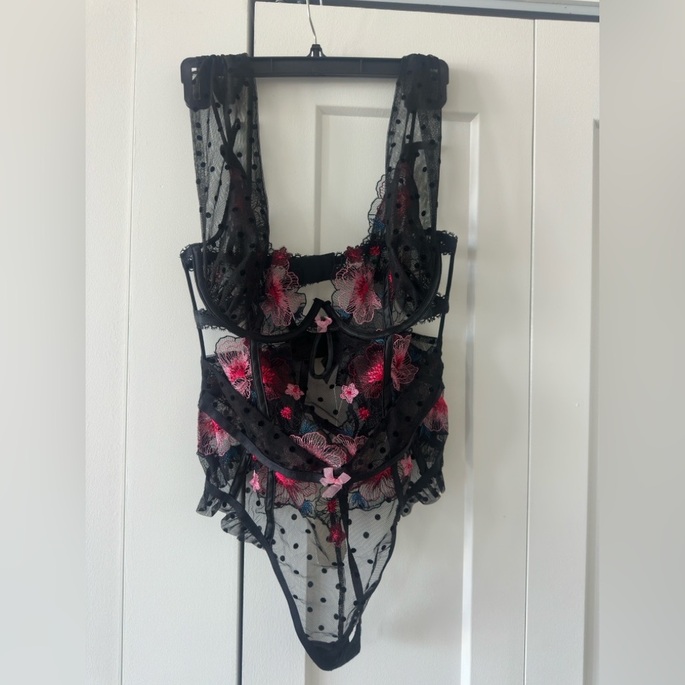 For Love And Lemons Black and Pink Floral Lace Bodysuit